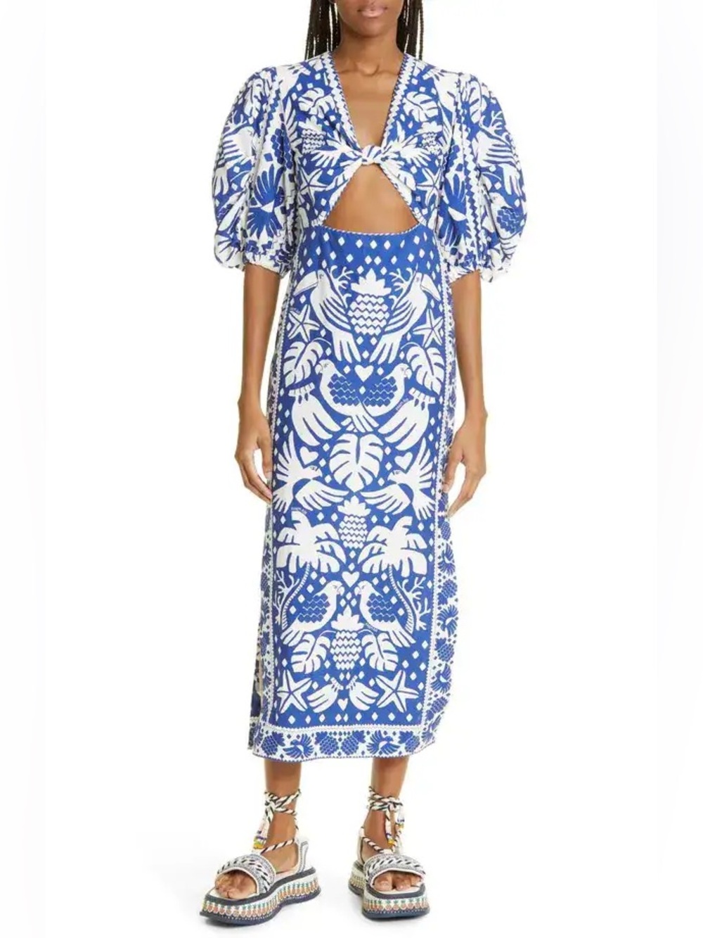 Farm Rio Jungle Scarf Puff Sleeve Cutout Midi Dress – Blue/White – Size M